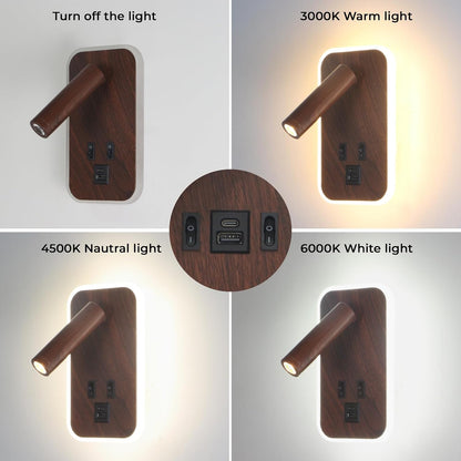 Plug in Wall Sconce with Wall Mounted Reading Lights with Switch | Wall Lamp for Bedroom with Charging Station USB C+A Ports,Bunk Bed Lights with 3W+9W Night Light,Walnut Color Reading Light