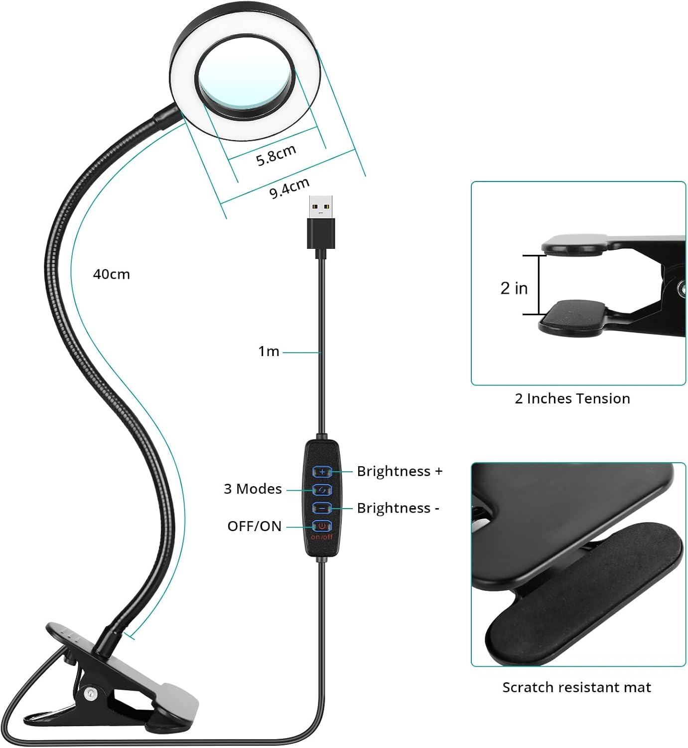 Woputne Desk Lamp Clip on Light for Bed Book Reading (Black) | 10 Dimmable Brightness 3 Light Modes Desk Lights for Home Office Clamp Bedside Lamp for Painting, Craft, Study