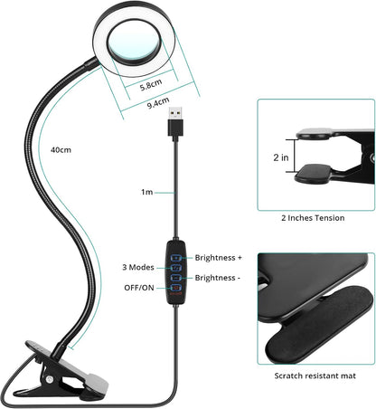 Woputne Desk Lamp Clip on Light for Bed Book Reading (Black) | 10 Dimmable Brightness 3 Light Modes Desk Lights for Home Office Clamp Bedside Lamp for Painting, Craft, Study