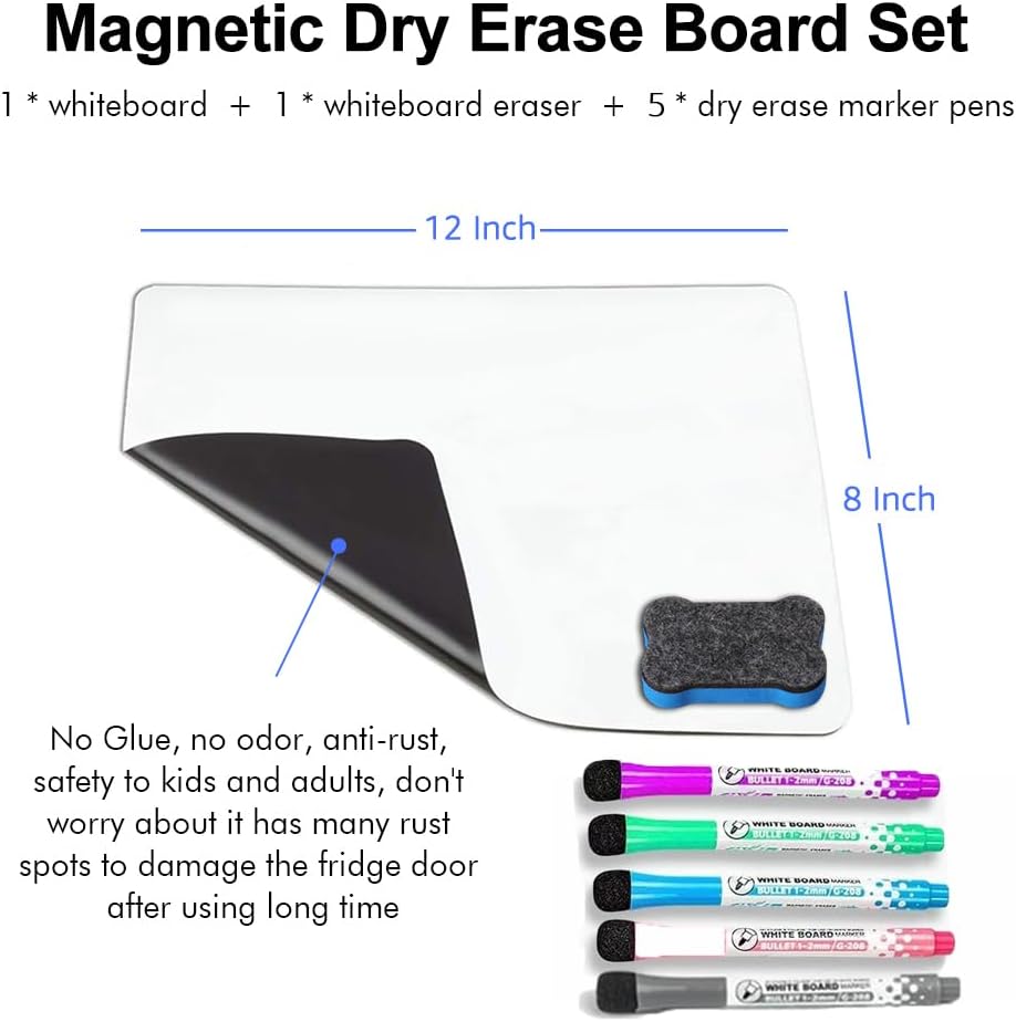 INMORVEN Small White Board Dry Erase Menu Planner, 8"x6" Magnetic Small Dry Erase Board for Fridge Grocery List, Refrigerator White Boards to Do List, with Markers and Eraser