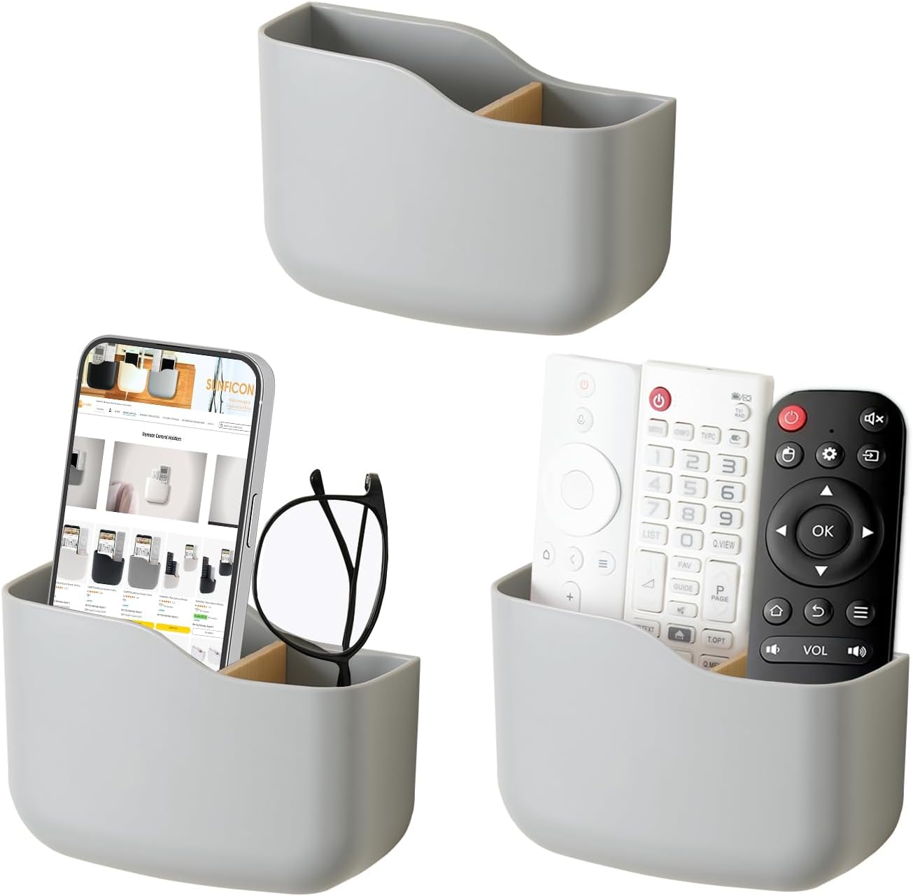 SUNFICON Adhesive Remote Control Holder Wall Mount Media Player Controller Holder Universal TV Remote Organizer Caddy Box Tray Easy Phone Charging Home Office Desk Nightstand White