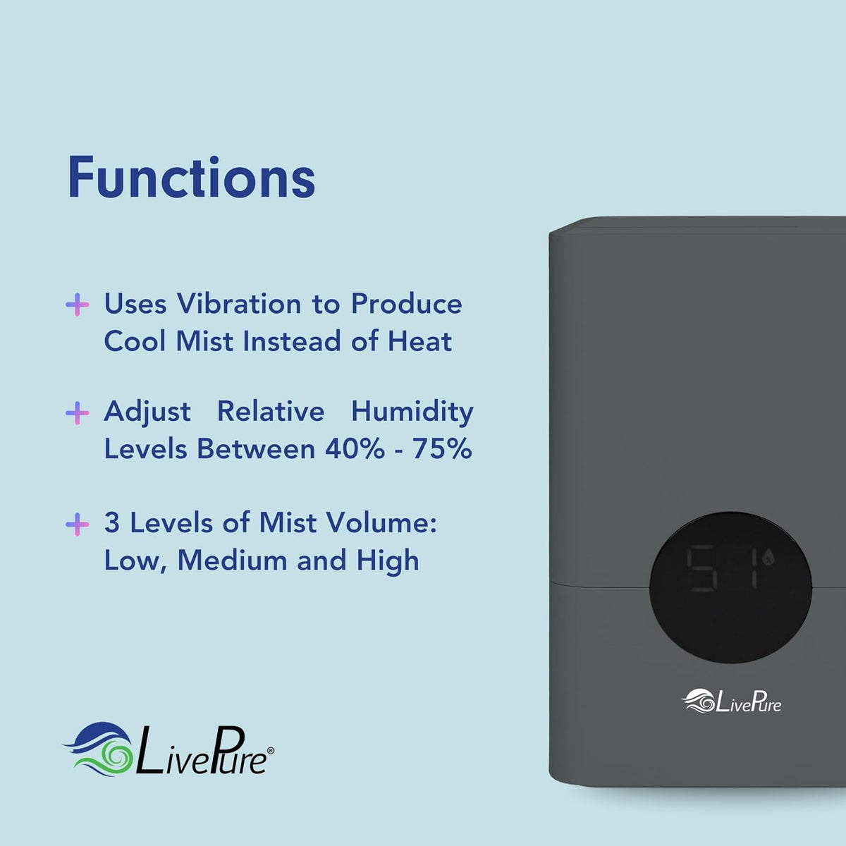 LivePure 1.2 L (.3 Gallon) Ultrasonic Cool Mist Top Fill Digital Humidifier with LED Display Screen, Graphite