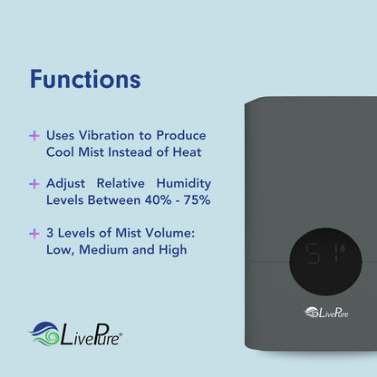 LivePure 1.2 L (.3 Gallon) Ultrasonic Cool Mist Top Fill Digital Humidifier with LED Display Screen, Graphite