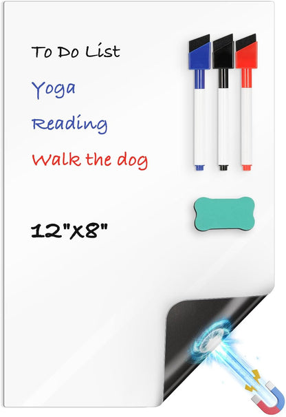 Magnetic Dry Erase Whiteboard for Fridge, 12"x8" Small White Board for Refrigerator, Grocery List & Meal Planner Kitchen Organizer with Stain Resistant Technology, Includes 3 Markers & Eraser