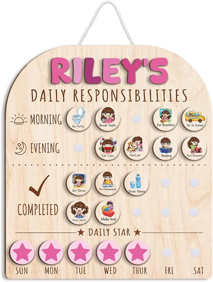 Daily Routine Chart for Kids, Visual Schedule, Routine Chart for Toddlers 3-5, Morning Bedtime Routine Chart for Toddlers, Wooden Chore Chart for Kids