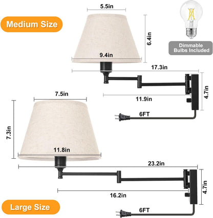 TRLIFE Wall Sconce Plug in, Dimmable Wall Sconces Set of Two Swing Arm Wall Lights with Plug in Cord and On/Off Dimmer Rotary Switch, 9.4" Medium Beige Fabric Shade(2 Pack, 2 Bulbs)