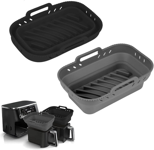Small Air Fryer Silicone Liners, 7.56 x 5.12 inch Small Rectangle Collapsible Airfryer Liner, Reusable Non-Stick Baking Trays for Ninja DZ201/DZ401/DZ550 Instant Air Fryer, 2 Pack (Grey+Black)