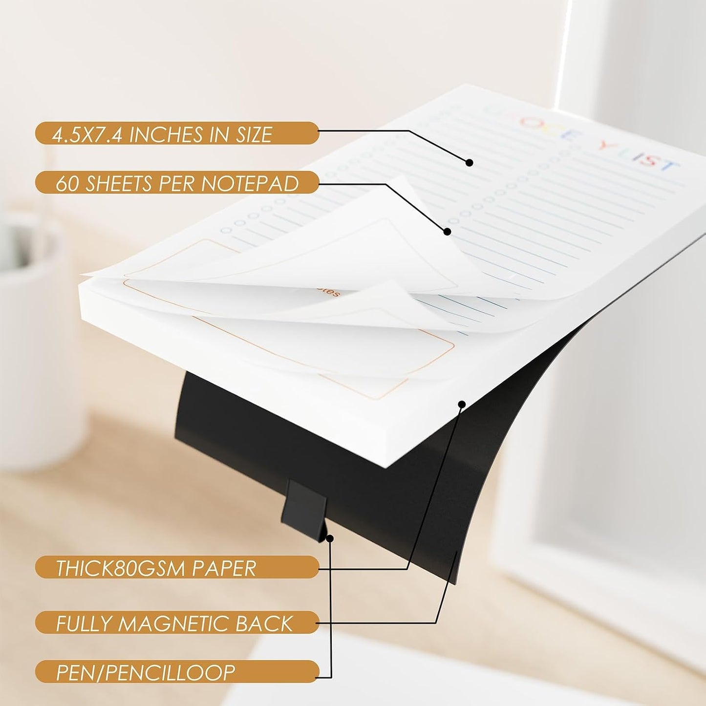 Magnetic Grocery List Pad for Fridge, 3 Pack Notepads | Strong Full Back Magnet with Pen Holder, 3 Pads, 180 Sheets for Grocery Lists, Meal Plans and To Do Lists