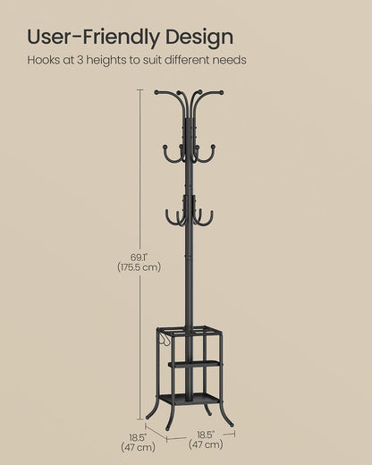 SONGMICS Coat Rack Freestanding Metal Coat Rack Stand with 12 Hooks | Coat Rack with Umbrella Holder