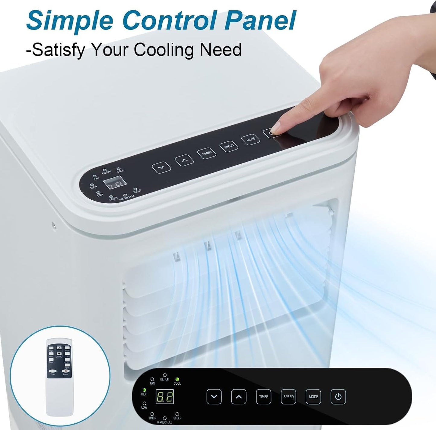 10000 BTU Portable Air Conditioner, 3 In1 Cooling Dehumidifier Fan, Quiet Fast Cooling, 4 Way Swing, LED Display, Remote, 24H Timer, 360° Wheels, Window Kit, Cools Rooms Up to 450 Sq.ft