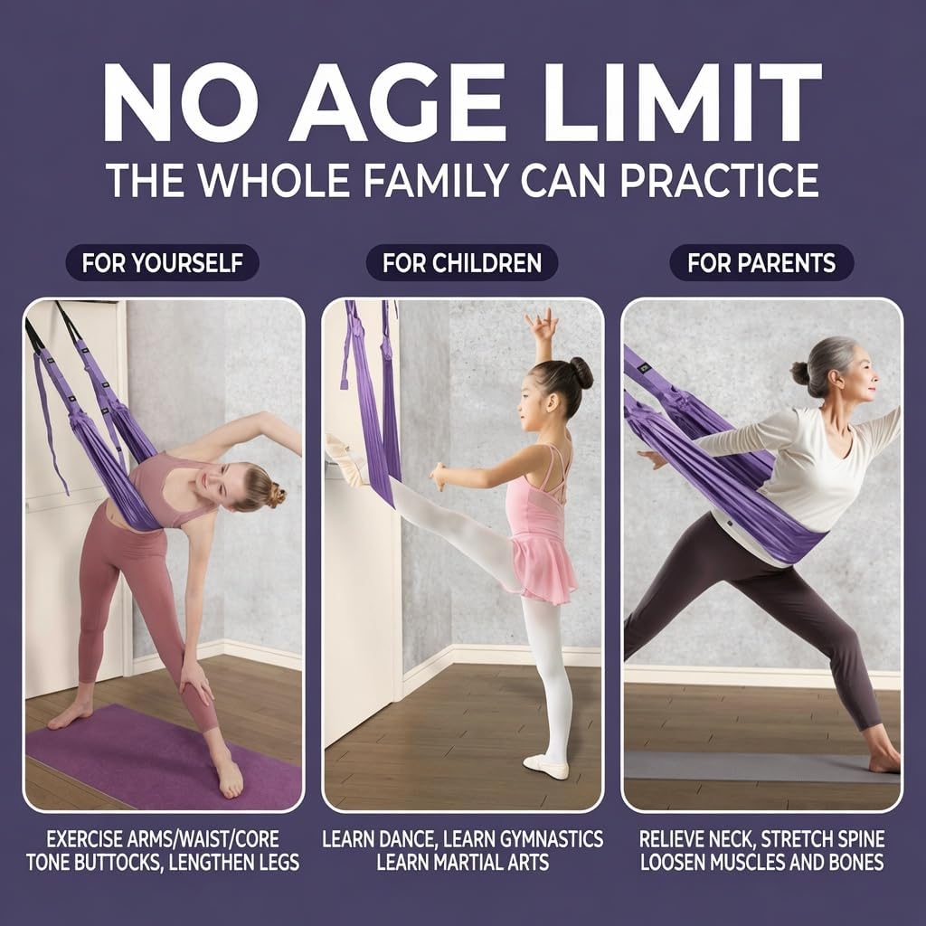 Door Aerial Hammock Swing - No Drilling Over Door Yoga Stretch Straps for Stretching, Inversion Pilates Kit, Anti-Gravity Home Workout - Pink/Purple