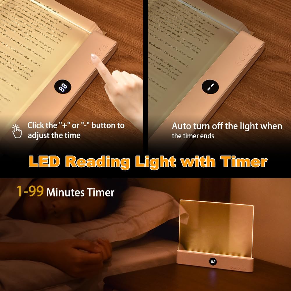 Amber Book Light, Rechargeable Clear LED Flat Reading Light with 3 Colors & Timer, Dimmable Panel Plate Lamp Book Full Page Light for Reading in Bed at Night, Funny Gifts for Readers Book Lovers