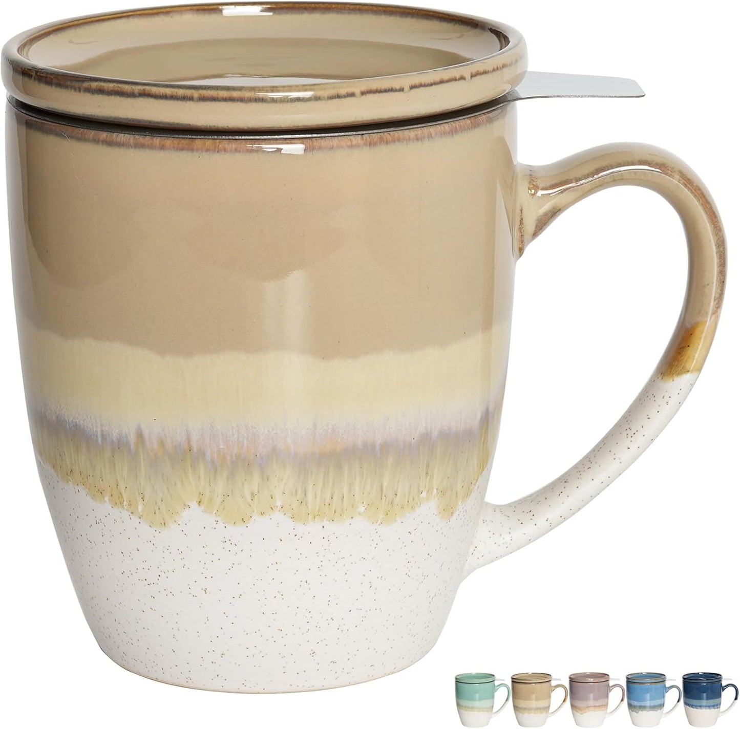 Bosmarlin Ceramic Tea Cup with Infuser and Lid, 16 Oz, 5 Colors to Choose, Dishwasher and Microwave Safe, Reactive Glaze, Steeping Tea Mug with Strainer (Purple)