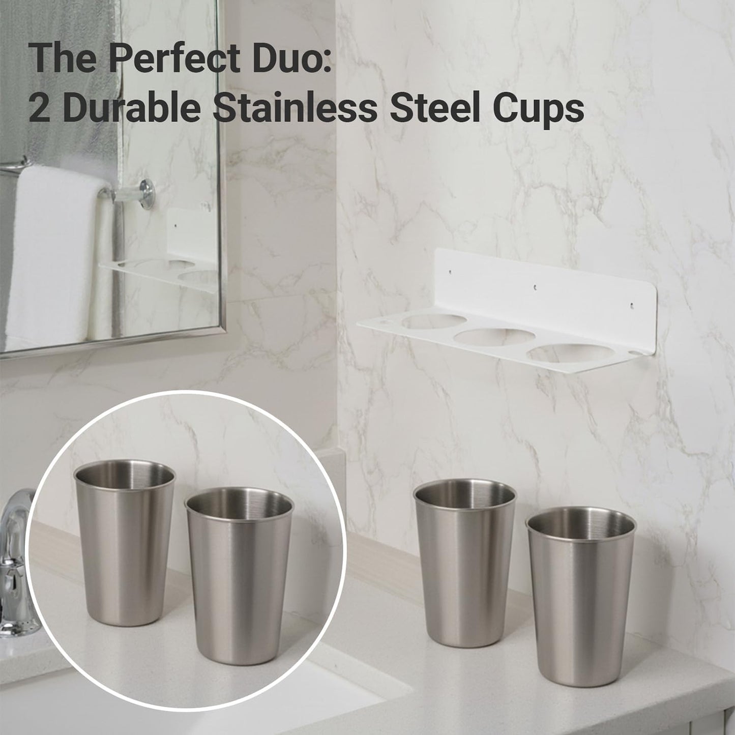 Hair Tool Organizer Wall Mount, Stainless Steel Hair Tool Holder with 2 Heat-Resistant Cups, Curling Iron Holder for Vanity, Hot Tools Organizer with PVC Ring,Hair Dryer Holder for Bathroom, BANJEKT