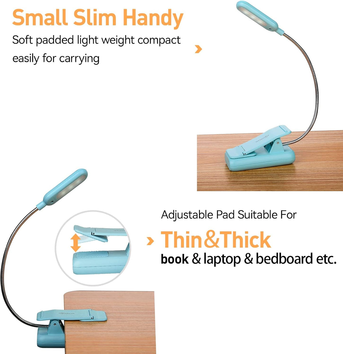 VAVOFO Rechargeable Book Light, Blue Light Blocking, Amber 1600K Clip On Reading Light, Eye Care 7 LEDs Kids Book Light for Reading in Bed with Power Indicator for Bookworms (Neon Orange)
