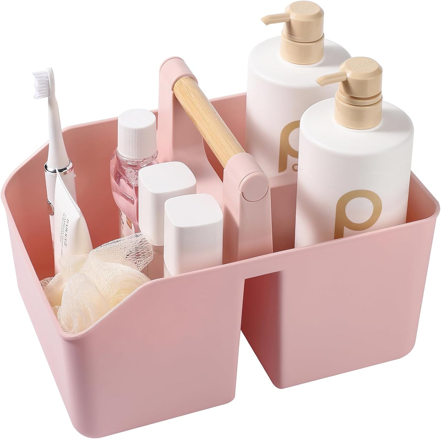 rejomiik Plastic Shower Caddy, Portable Basket with Bamboo Handle, White | Cleaning Caddy Organizer Tote for Bathroom, College Dorm Essentials, Bath Toy Storage, Cleaning Supplies