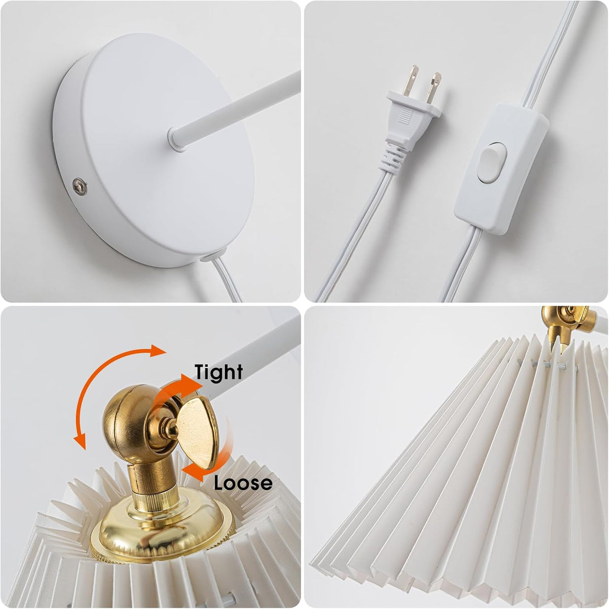 Wall Sconces Plug in, Swing Arm Wall Lamp with Power Cord, White Plug in Wall Lighting Fixtures Set of Two, Bedside Wall Mounted Reading Lamp with Switch, for Bedside Bedroom Hallway