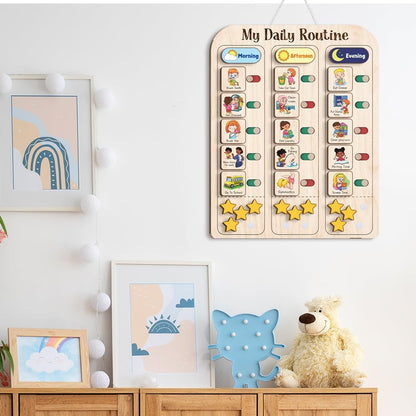 My Daily Routine Chart for Kids 11x14 Inch – Wooden Chore Chart with Morning Afternoon Evening Sections, Visual Schedule Board with Sliding Trackers & Star Reward System for Toddlers