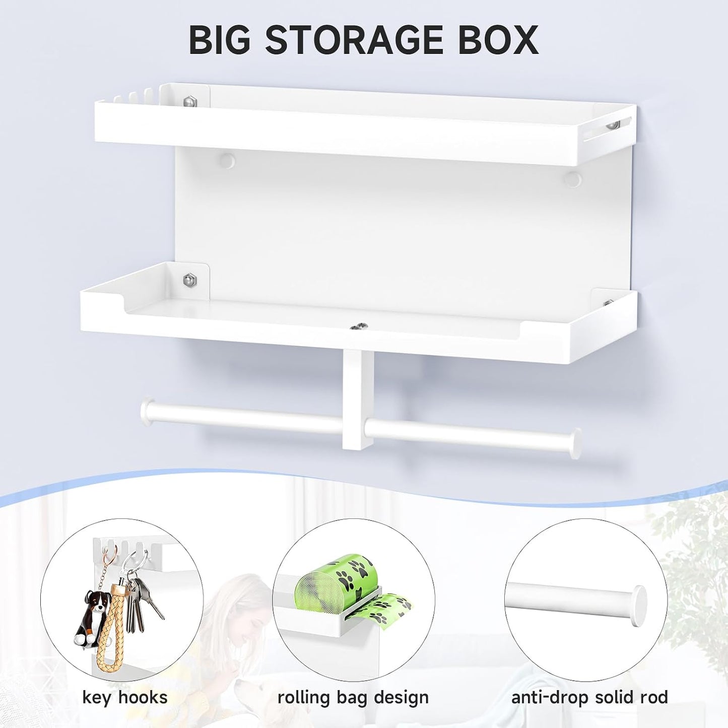 Dog Leash Holder for Wall, Leashes Hanger, Wall Mounted Dog Stuff Storage and Organizer, Metal Key Holder Pet Leash Hooks for Leashes, Training Treats, Chew Toys, Keys, Large (White)