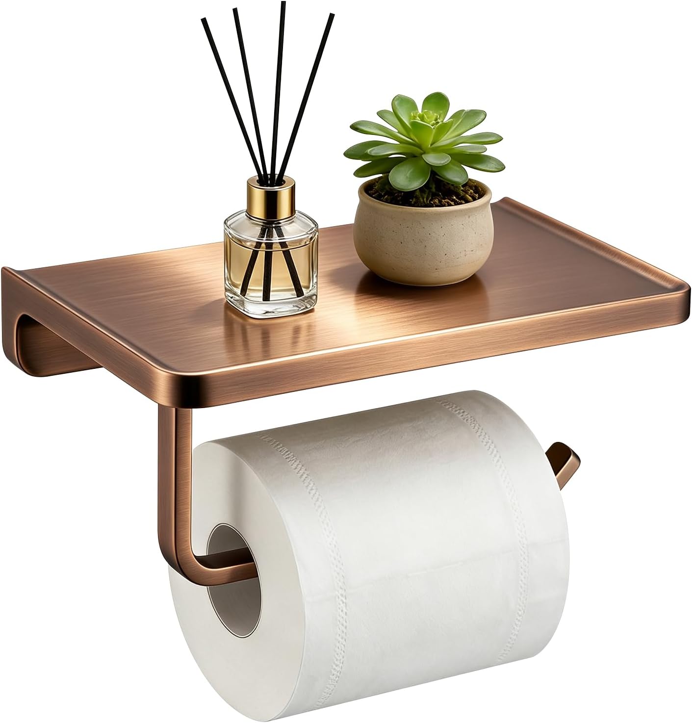 TRUSTMI Toilet Paper Holder with Phone Shelf, Zinc Alloy, Brushed Gold | Solid zinc alloy holder holds 15 lbs and fits jumbo rolls. Shelf stores phones and wipes for easy bathroom organization