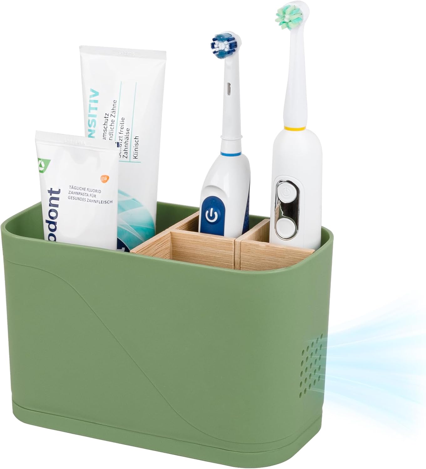 Electric Toothbrush Holder Tooth Brush and Toothpaste Organizer, Black | 3 Slots, Drainage Holes, Removable Bamboo Divider, Ventilation Design, Space-Saving, for Bathroom Countertop, Shower, Vanity