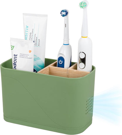 Electric Toothbrush Holder Tooth Brush and Toothpaste Organizer, Black | 3 Slots, Drainage Holes, Removable Bamboo Divider, Ventilation Design, Space-Saving, for Bathroom Countertop, Shower, Vanity
