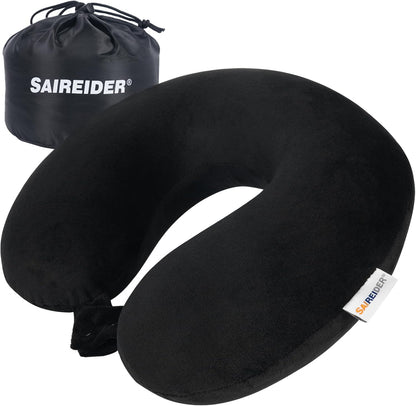 SAIREIDER Travel Pillow 100% Pure Memory Foam Travel Neck Pillow, Airplane Pillow for Traveling、Car、Home、Office，Washable Cover（Black）
