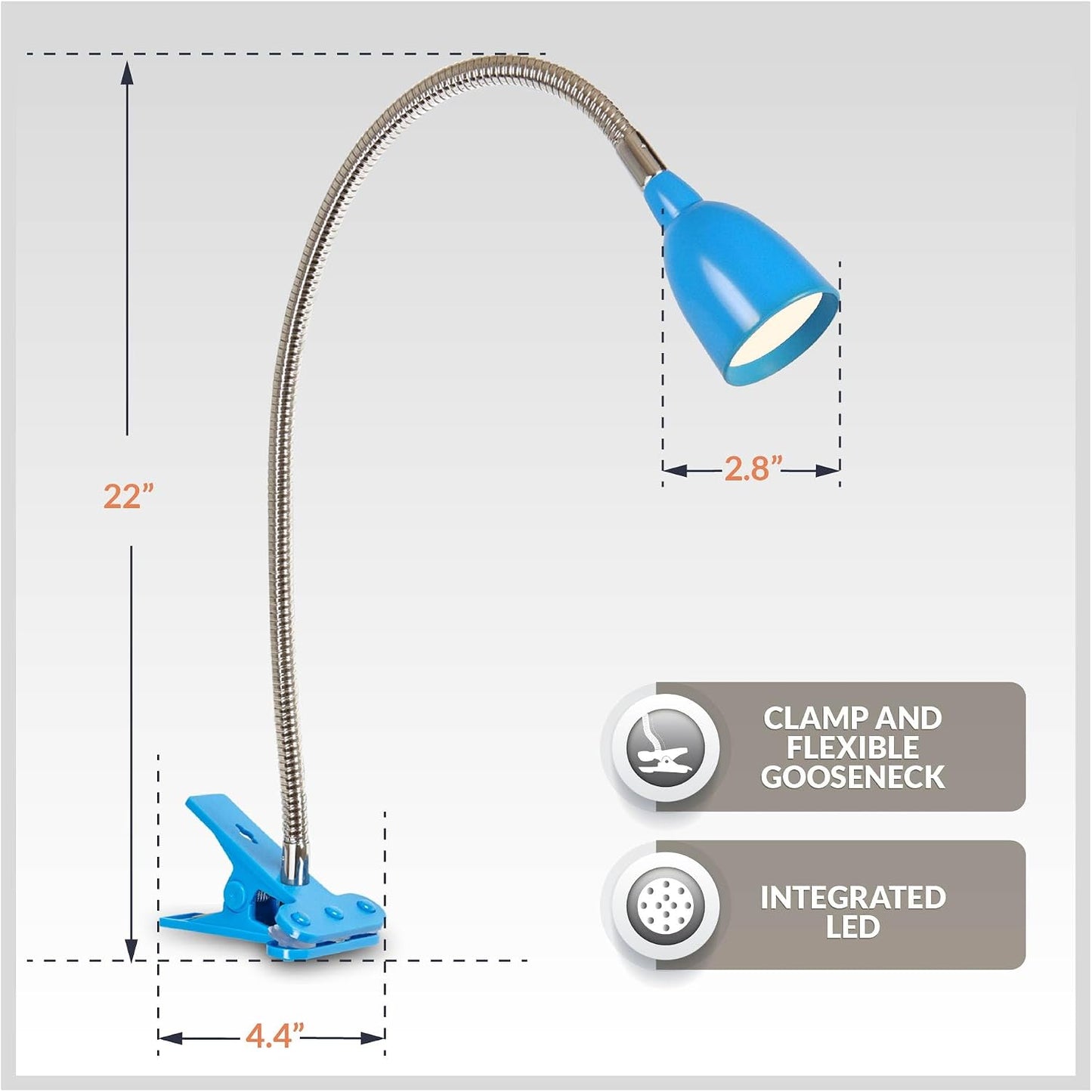 Newhouse Lighting NHCLP-LED-BLU Blue Metal Flexible Clamp-Style LED Goose Neck Desk Lamp in 3000K Warm White Color Temperature with Power Adapter and 6 ft. Power Cord