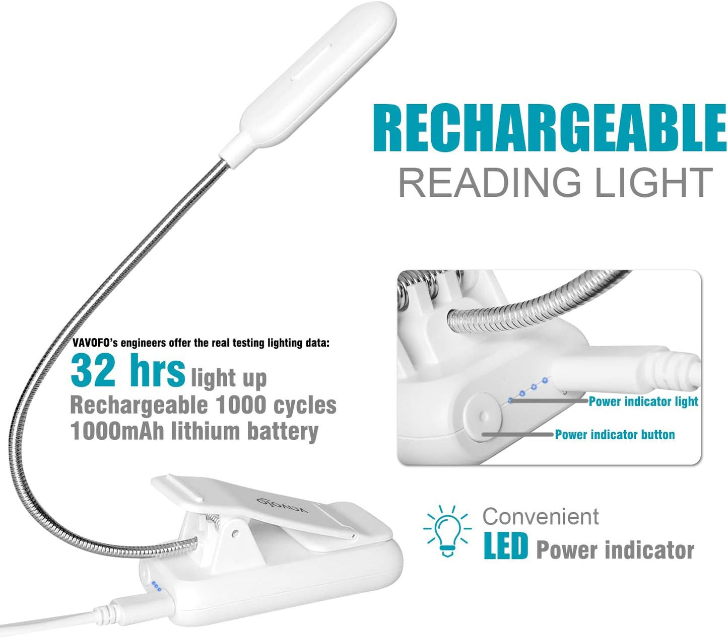 VAVOFO Rechargeable Book Light for Reading in Bed Kids, 7 LED Reading Light with 9-Level Warm Cool White Daylight, Eye Care Lamp with Power Indicator for Bookworms (Yellow)
