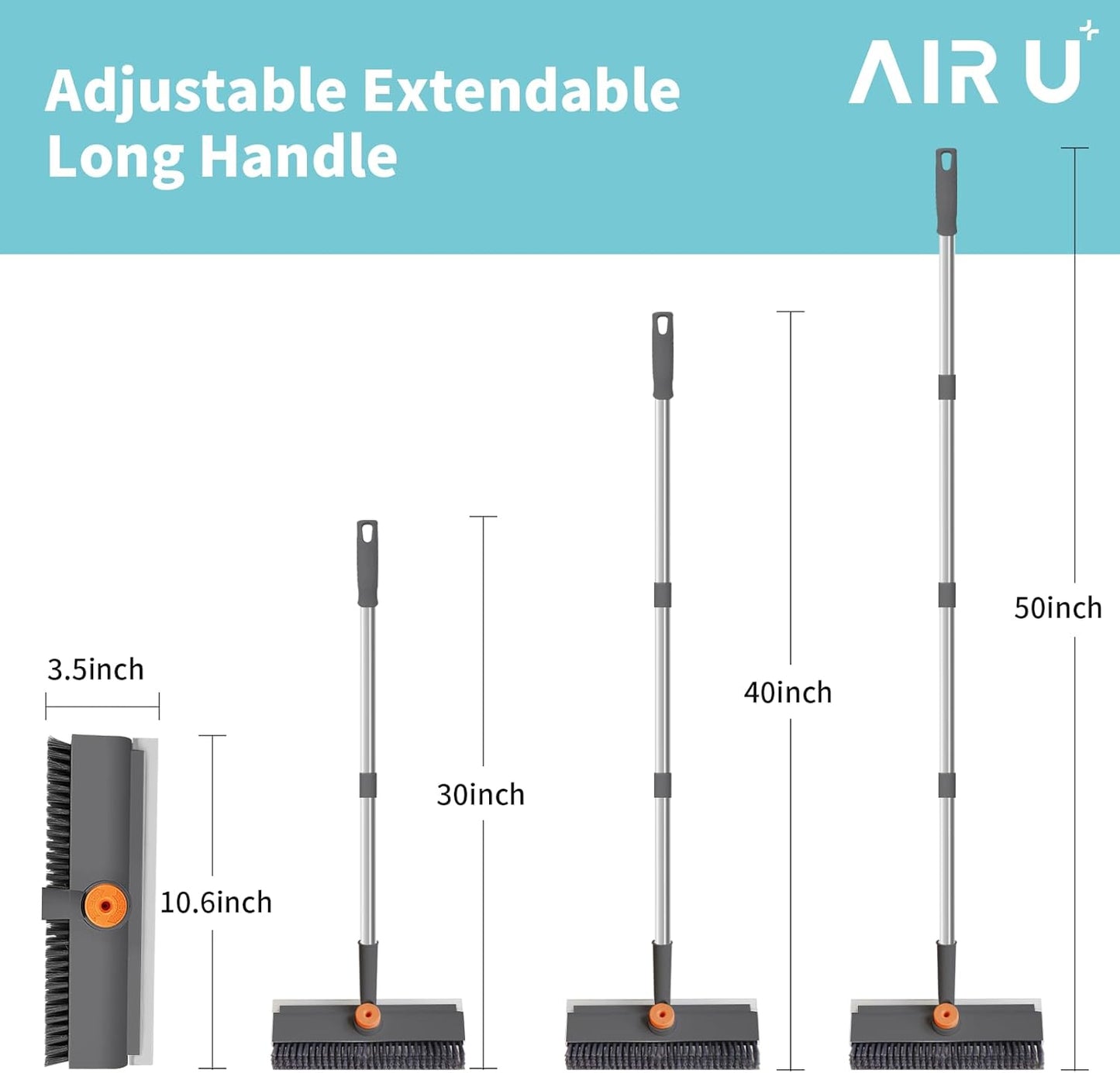 AIR U+ Floor Scrub Brush with Long Handle, 3-in-1 Rotating Head & Squeegee | Stiff Dual-Sided Bristle Scrubber for Shower, Bathroom, Kitchen and Patio, 30–50 In Handle for Easier Stand-up Cleaning