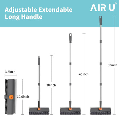 AIR U+ Floor Scrub Brush with Long Handle, 3-in-1 Rotating Head & Squeegee | Stiff Dual-Sided Bristle Scrubber for Shower, Bathroom, Kitchen and Patio, 30–50 In Handle for Easier Stand-up Cleaning
