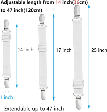 10 pcs Adjustable Bed Sheet Straps,Bed Sheet Clips, Elastic Bed Fitted Sheet Holder from 14 to 47 Inch,Couch/Sofa Cover Straps,Sheet Fastener Suspenders,Fitted Sheet Straps Clips,White