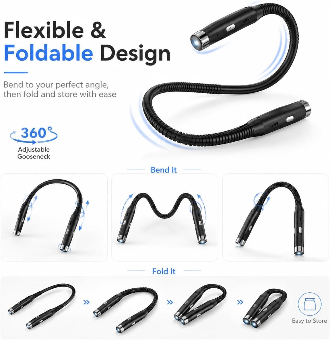 Neck Book Light, Black | Reading Lights for Books in Bed, 3-Level Brightness LED, Hands-Free, USB Rechargeable, Long-Lasting, For Reading