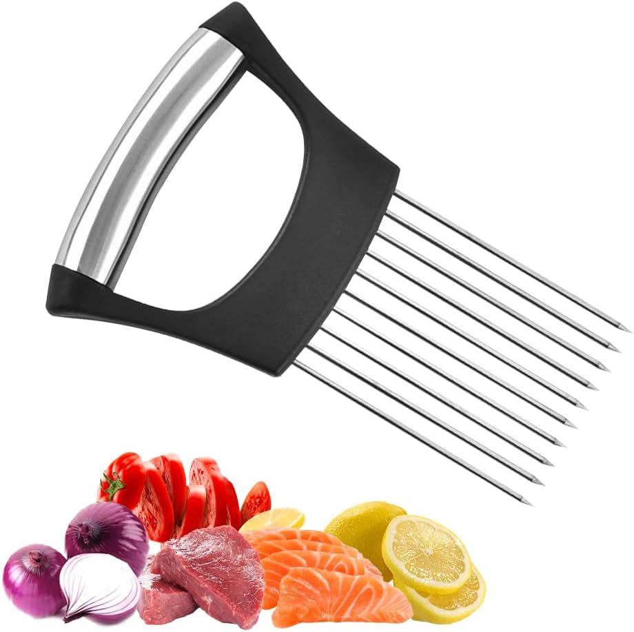 Onion Holder for Slicing, 2025 New Stainless Steel Onion Slice Holder Lemon Slicer Vegetable Cutter, Kitchen Chopper Slicing Assistant Tool for Meat, Onion, Potato, Tomato (A-1PCS)