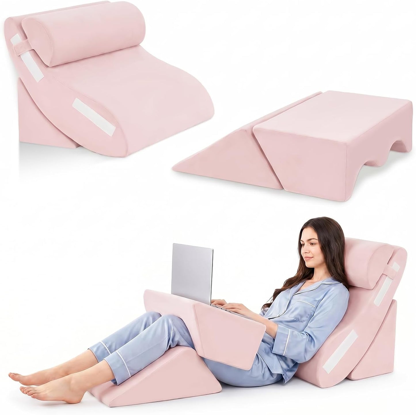 5PCS Wedge Pillow Set for After Surgery, Adjustable Orthopedic Foam Bed Wedge Pillow for Acid Reflux, GERD & Heartburn Relief, Back & Leg Elevation Support for Sleeping & Sitting Up, White Grey