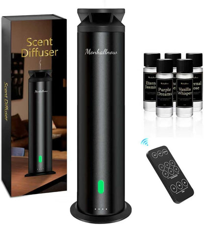 Waterless Scent Diffuser Starter Kit – 1000 Sq Ft Coverage, Suitable for Home & Hotel Series Diffuser, Includes 5 Scent Oils, Remote Control, Large Room Essential Oil Diffuser, Ultra Black