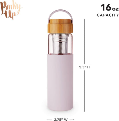 Pinky Up Blair Travel Tea Infuser Mug, Double Walled Insulated Travel Tumbler with Loose Leaf Tea Strainer, Travel Coffee Mug, Keeps Drinks Hot or Cold, 16 oz, White Leaf