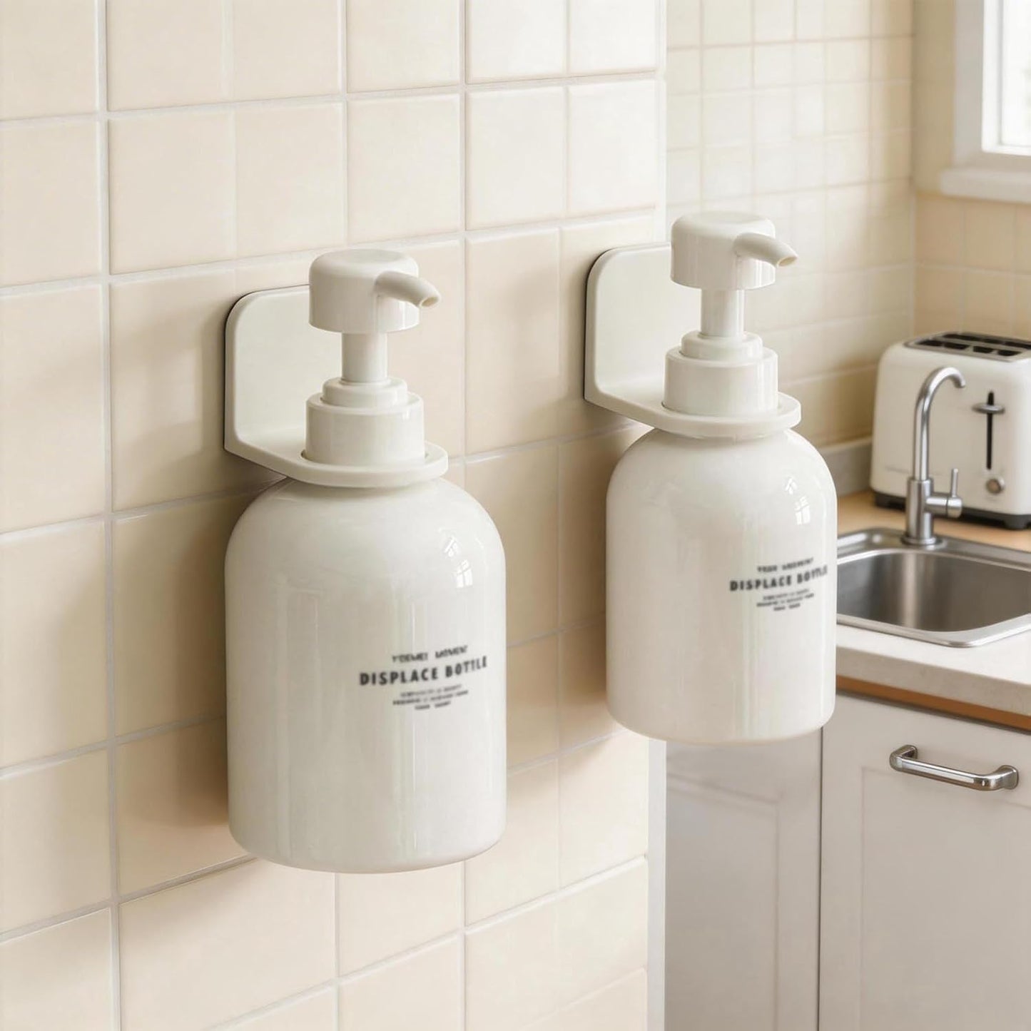 [Strong Adhesive] Shower Bottle Holder Wall Mounted, [Fits Most Pump Bottles] Drill-Free Soap Dispenser Rack for Bathroom & Kitchen, Minimalist Lotion & Shampoo Hook with 2 Size Adapter Rings - 1pcs