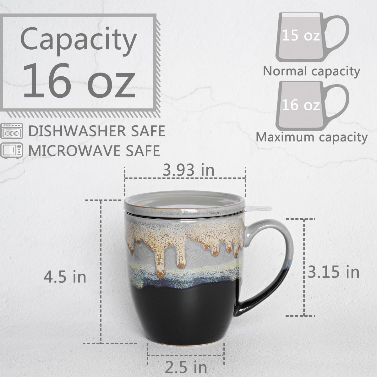 Bosmarlin Ceramic Tea Cup with Infuser and Lid, 16 Oz, 4 Color to Choose Dishwasher and Microwave Safe, Steeping Tea Mug with Strainer (Blue)