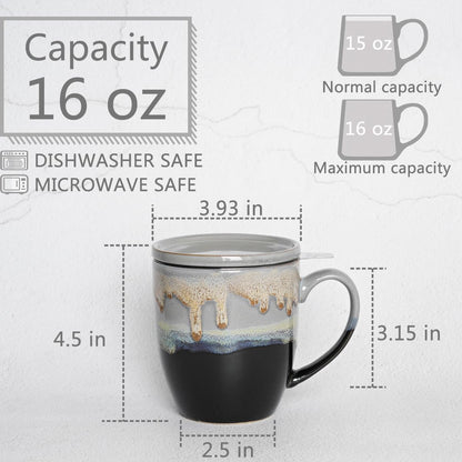 Bosmarlin Ceramic Tea Cup with Infuser and Lid, 16 Oz, 4 Color to Choose Dishwasher and Microwave Safe, Steeping Tea Mug with Strainer (Blue)