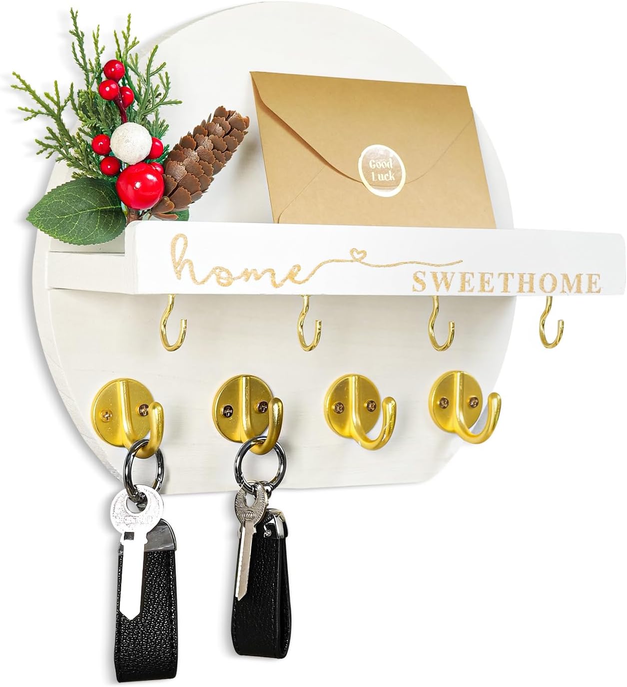 Key Holder for Wall, Key and Mail Holder Organizer - Key Holder Wall Mount with Bouquet Shelf and Key Hooks, Round Wooden Rustic Key Rack for Entryway and Home Decor (Black)