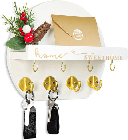Key Holder for Wall, Key and Mail Holder Organizer - Key Holder Wall Mount with Bouquet Shelf and Key Hooks, Round Wooden Rustic Key Rack for Entryway and Home Decor (Black)