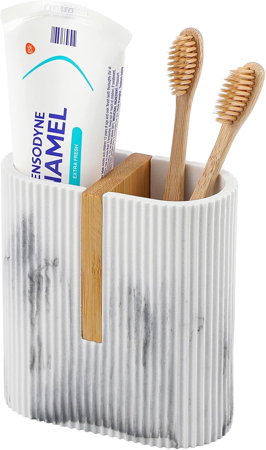 Toothbrush Holders for Bathroom, Bamboo Electric Toothbrush Stand, White | Toothbrush and Toothpaste Organizer for Sink Countertop, Bathroom Storage Stand for Brushing Accessories