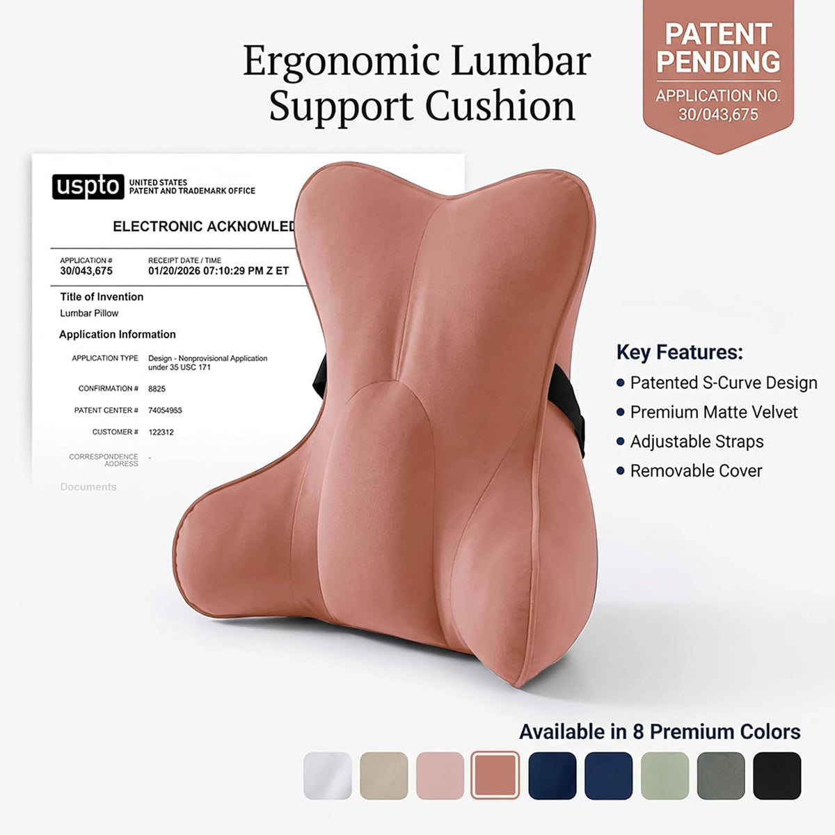 Lumbar Support Pillow(Pat. Pend) – Multi-Functional Ergonomic Back Cushion for Sofa Chair, Car Seat & Sofa, Reading Pillow with Firm Multi-Zone Support to Relieve Lower Back Pain, Misty White
