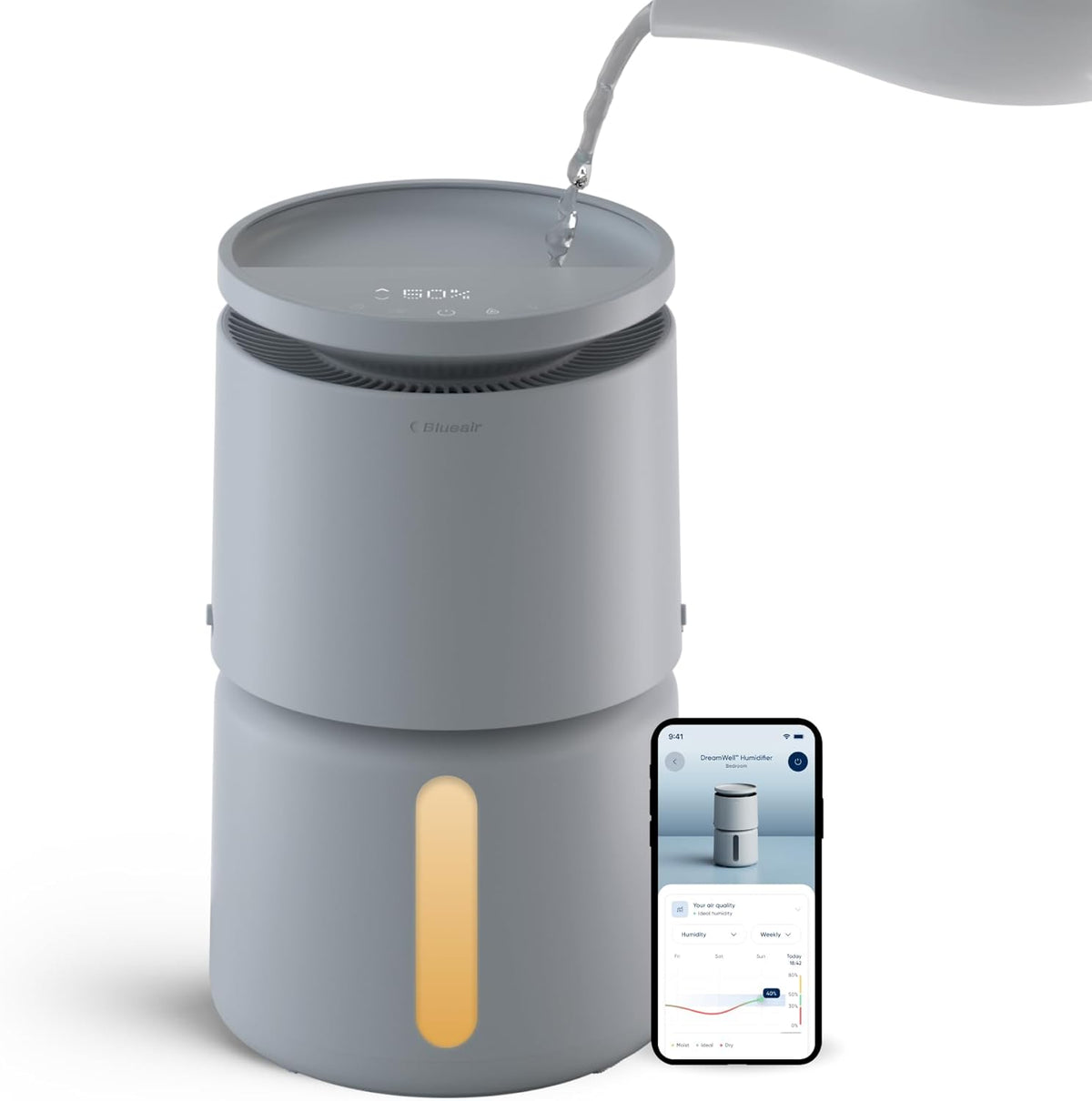 BLUEAIR 3.8L Top-Fill Humidifiers for Bedroom, 1 Gal, DreamWell H38i Grey