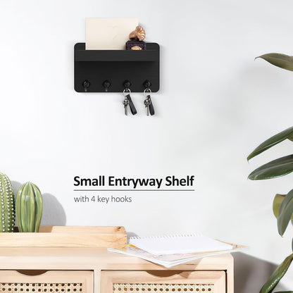 Nekon Key Holder Wall Mount, 8.5 Inch Small Wooden Wall Organizer, Black | Rustic Wall Shelf, Farmhouse Key and Mail Holder for Living Room Entryway Kitchen
