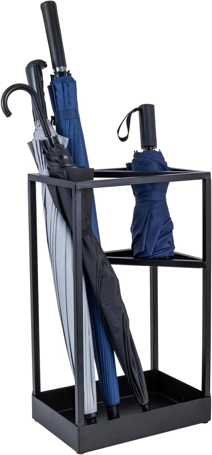 MyGift 20 Inch Brass Tone Metal Umbrella Stand with Drip Tray | Freestanding Rain Gear Storage - Long Short Umbrellas Canes Walking Sticks Entryway Lobby Office Floor Standing Drip Catcher