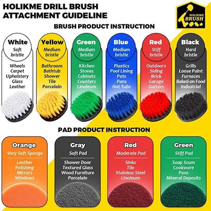 Holikme 40 Piece Drill Brush Attachment Set and Scrub Pad Set for Clean | 11 nylon brushes, 20 scouring pads, 5 sponges, 2 wool pads, 4-inch backer and extension, for car, grout, tiles