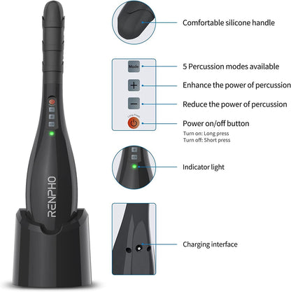 RENPHO Cordless Handheld Massager, 5 Adjustable Speeds and Massage Modes | Rechargeable Electric Neck Massage Tool for Muscle Tension, For Shoulder, Back & Leg, Home, Office, Travel Use, Gift Idea