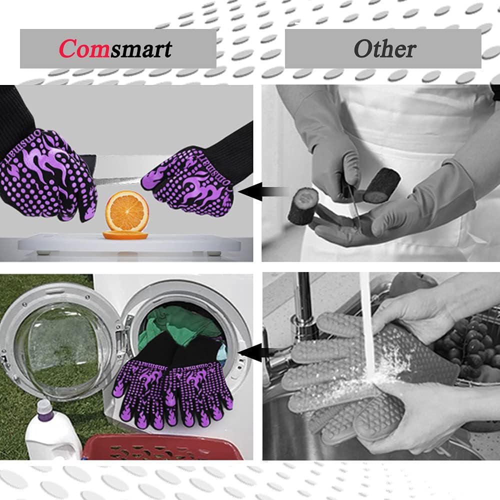 Comsmart BBQ Gloves, 1472 Degree F Heat Resistant Grilling Gloves Silicone Non-Slip Oven Gloves Long Kitchen Gloves for Barbecue, Cooking, Baking, Cutting